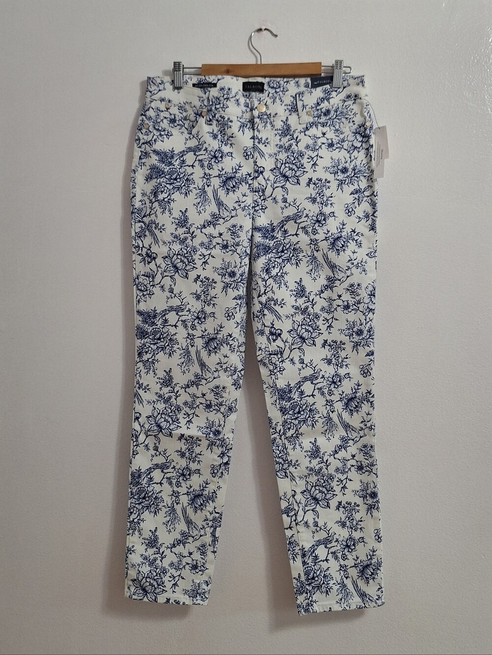 NWT Talbots Cream Straight Leg Jeans with Blue Floral Print